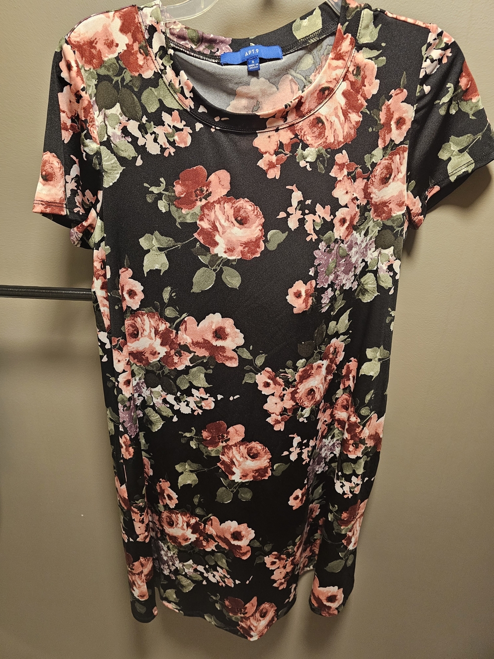 Apt. 9 Black Floral Midi Dress with Pink & Green Accents